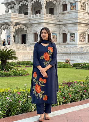 Beautiyful navy blue rose embroidered jaipur cotton straight kurti pant set with dupatta 1