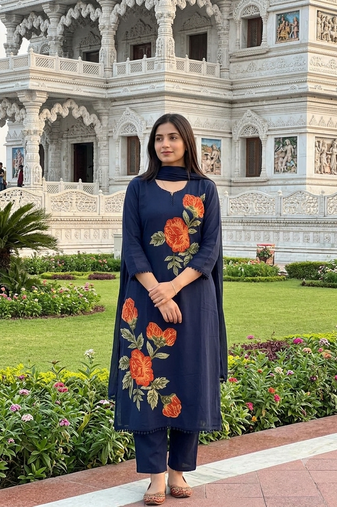 Beautiyful navy blue rose embroidered jaipur cotton straight kurti pant set with dupatta