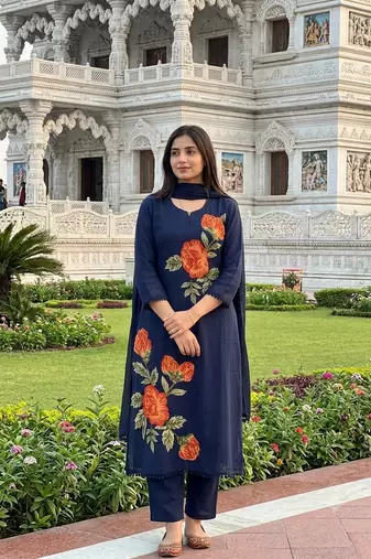 Beautiyful navy blue rose embroidered jaipur cotton straight kurti pant set with dupatta