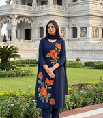 Beautiyful navy blue rose embroidered jaipur cotton straight kurti pant set with dupatta
