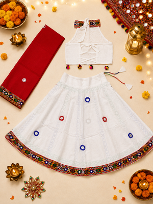 White kutch work embroidered cotton mirrorwork chaniya choli set with dupatta 3