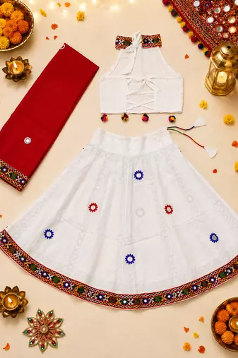 White kutch work embroidered cotton mirrorwork chaniya choli set with dupatta