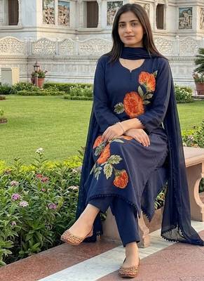 Beautiyful navy blue rose embroidered jaipur cotton straight kurti pant set with dupatta 2