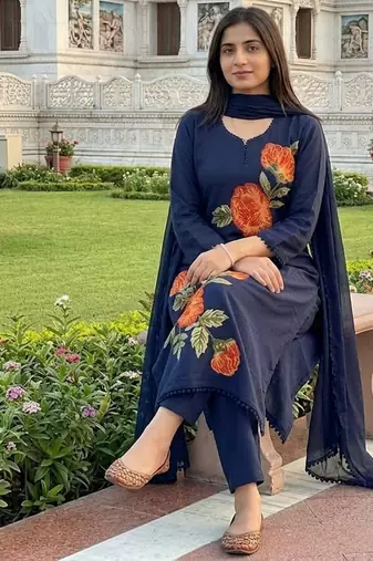 Beautiyful navy blue rose embroidered jaipur cotton straight kurti pant set with dupatta