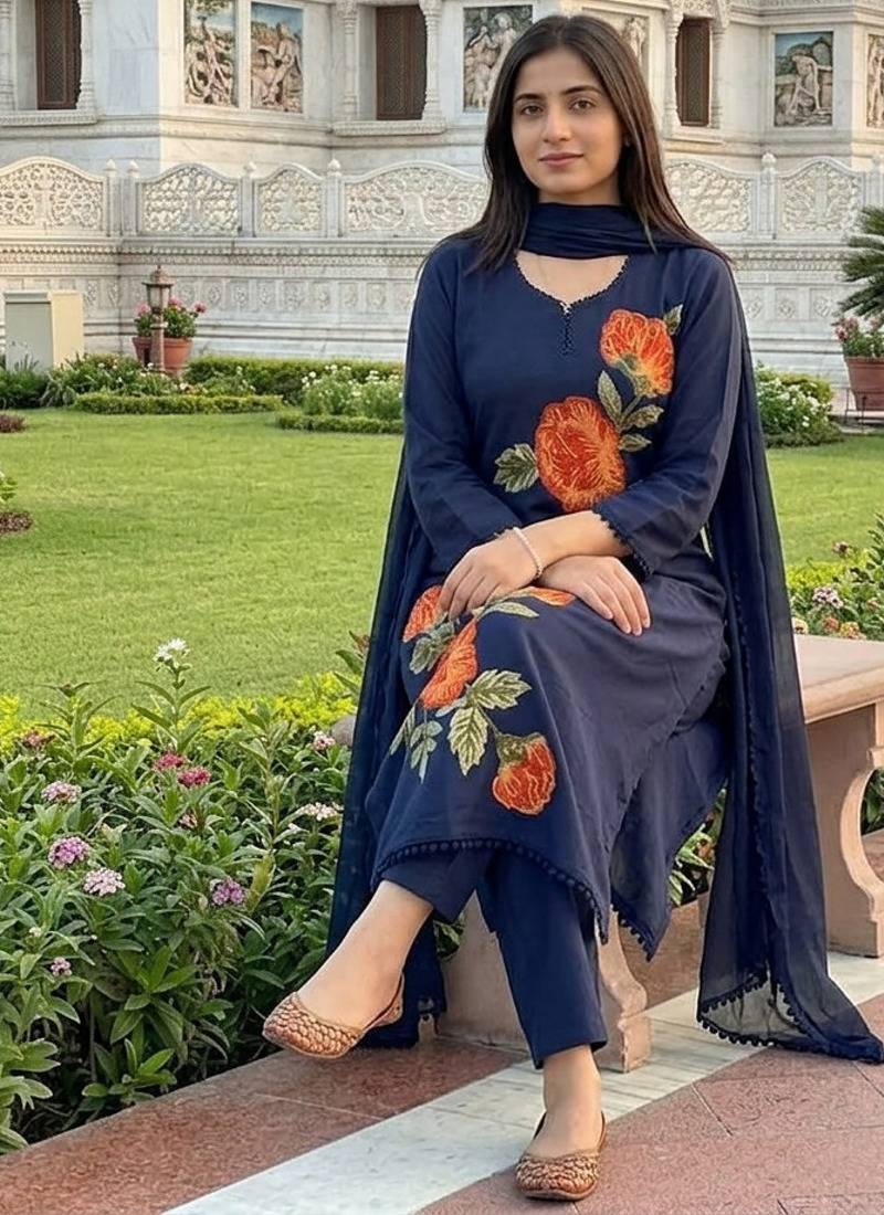 Beautiyful navy blue rose embroidered jaipur cotton straight kurti pant set with dupatta
