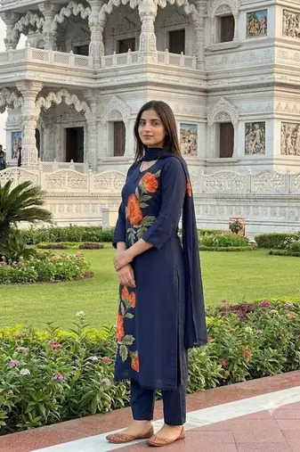 Beautiyful navy blue rose embroidered jaipur cotton straight kurti pant set with dupatta