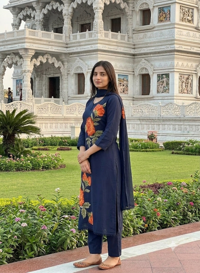 Beautiyful navy blue rose embroidered jaipur cotton straight kurti pant set with dupatta