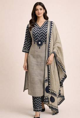 navy blue & beige chevron block printed handwork cotton straight kurta set 1