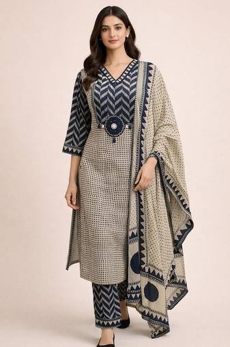 navy blue & beige chevron block printed handwork cotton straight kurta set