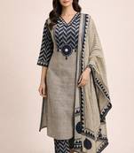 navy blue & beige chevron block printed handwork cotton straight kurta set