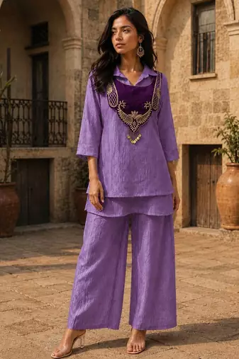 purple color embroidered wrok silk blend salwar suit