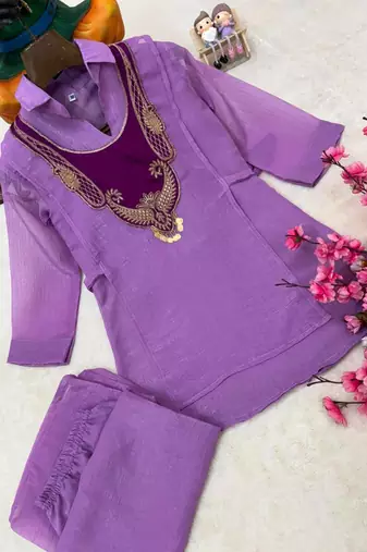 purple color embroidered wrok silk blend salwar suit