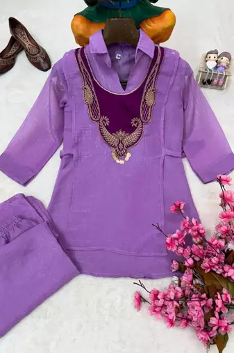 purple color embroidered wrok silk blend salwar suit