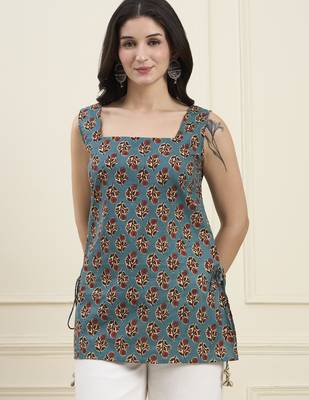  teal green cotton straight kurti style top 1