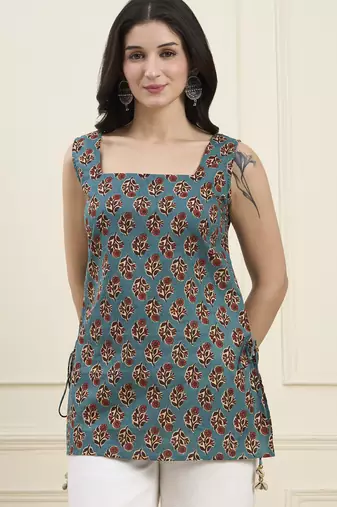  teal green cotton straight kurti style top