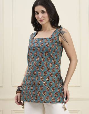  teal green cotton straight kurti style top 2