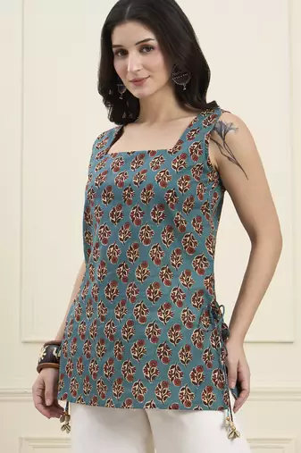  teal green cotton straight kurti style top