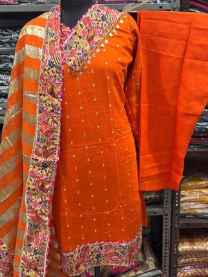 orange zari embroidered silk-blend striped dupatta salwar suit setorange mirror work kurta set 2