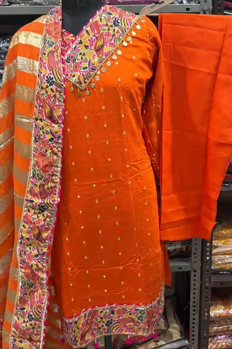 orange zari embroidered silk-blend striped dupatta salwar suit setorange mirror work kurta set