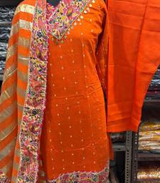 orange zari embroidered silk-blend striped dupatta salwar suit setorange mirror work kurta set