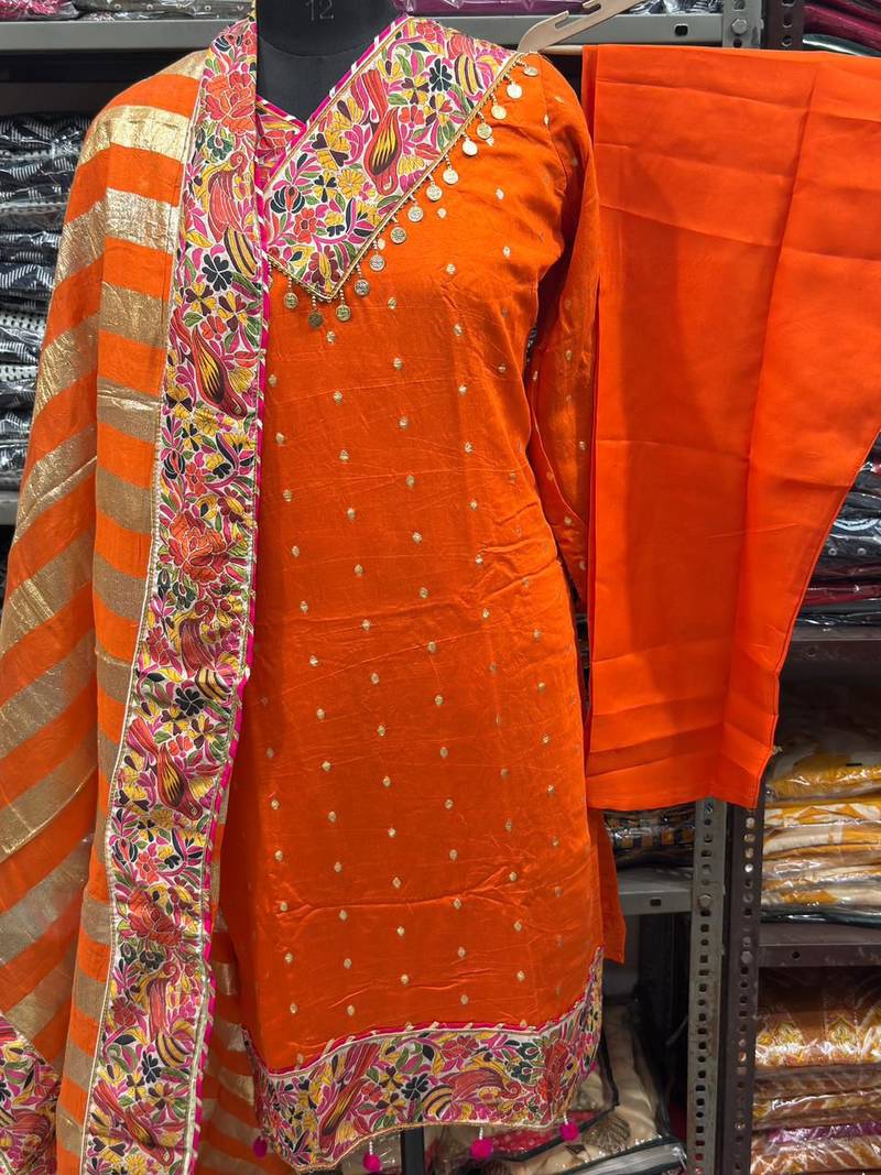 orange zari embroidered silk-blend striped dupatta salwar suit setorange mirror work kurta set