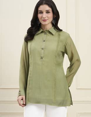  green mul chanderi pintuck style shirt 1