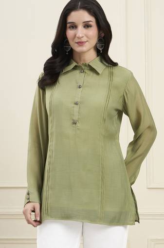  green mul chanderi pintuck style shirt