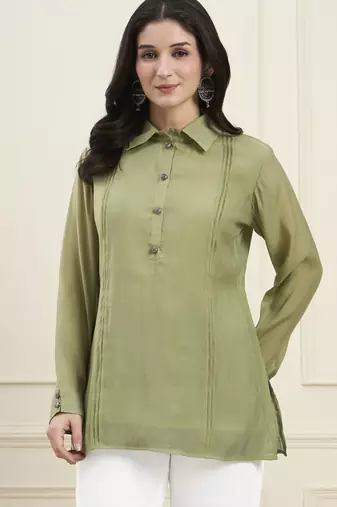  green mul chanderi pintuck style shirt