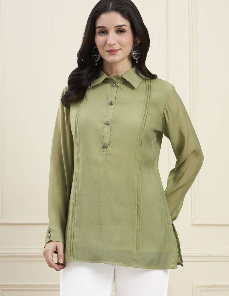  green mul chanderi pintuck style shirt