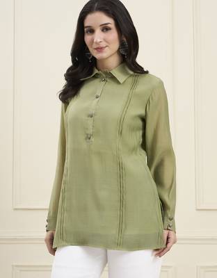  green mul chanderi pintuck style shirt 2