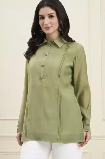  green mul chanderi pintuck style shirt