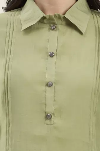  green mul chanderi pintuck style shirt