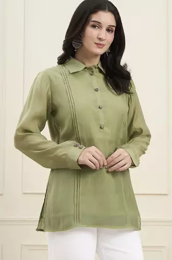  green mul chanderi pintuck style shirt