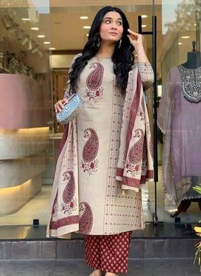 cream & maroon paisley hand block print cotton straight kurta palazzo set with dupatta 1