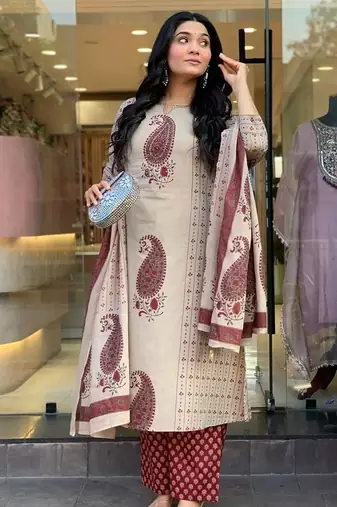 cream & maroon paisley hand block print cotton straight kurta palazzo set with dupatta