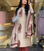 cream & maroon paisley hand block print cotton straight kurta palazzo set with dupatta