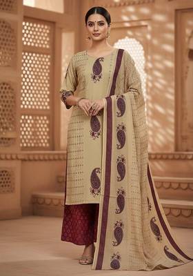 beige & maroon paisley printed cotton straight salwar suit set 1
