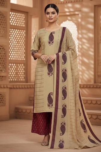 beige & maroon paisley printed cotton straight salwar suit set