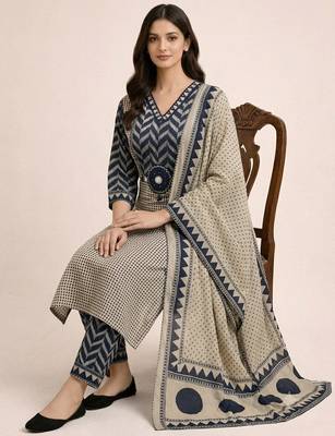 navy blue & beige chevron block printed handwork cotton straight kurta set 2