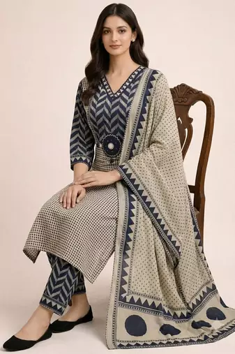 navy blue & beige chevron block printed handwork cotton straight kurta set
