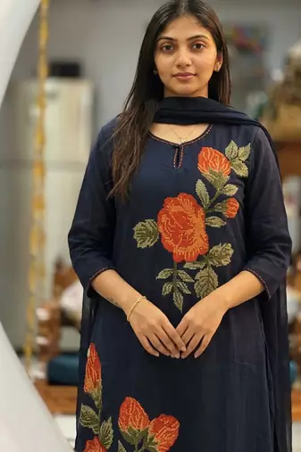 Beautiyful navy blue rose embroidered jaipur cotton straight kurti pant set with dupatta