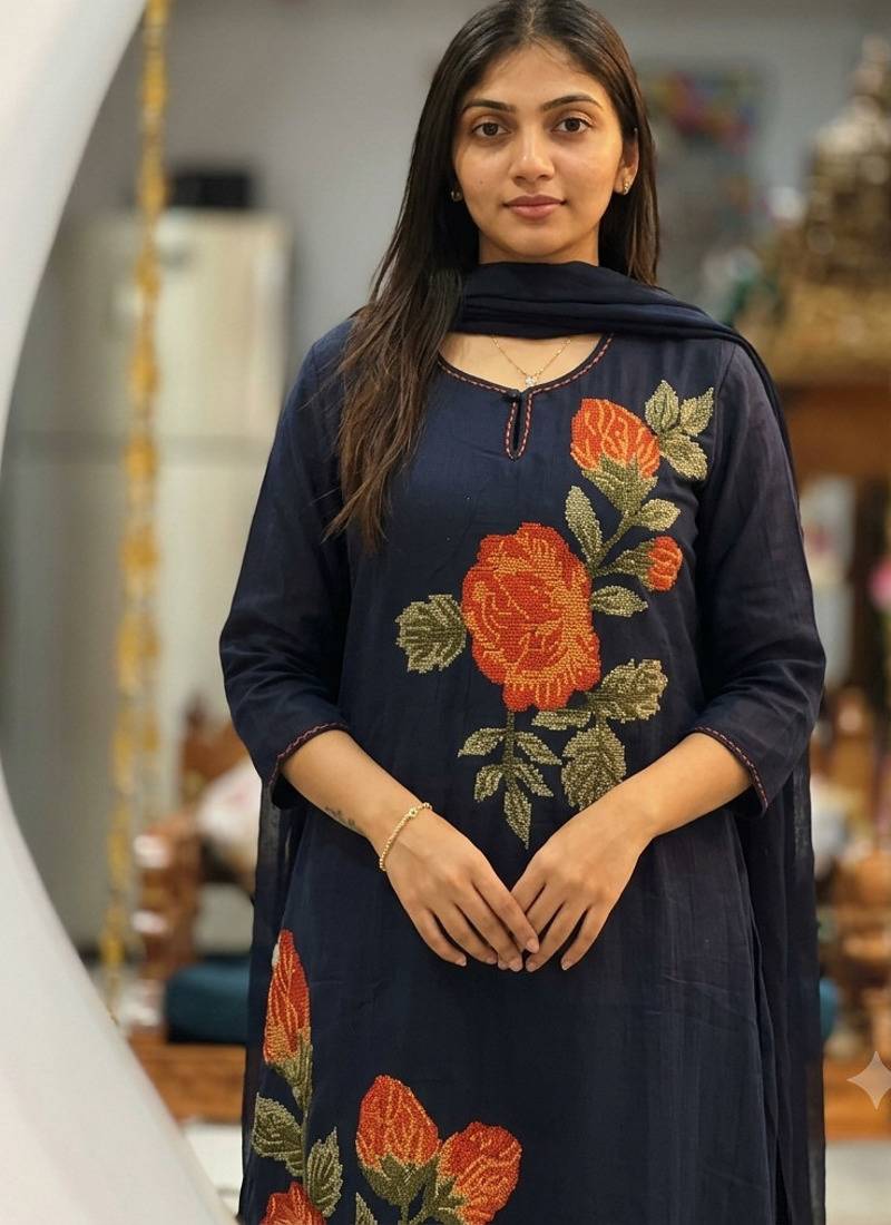 Beautiyful navy blue rose embroidered jaipur cotton straight kurti pant set with dupatta