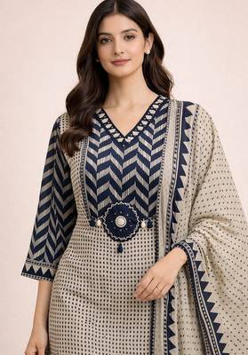 navy blue & beige chevron block printed handwork cotton straight kurta set 3