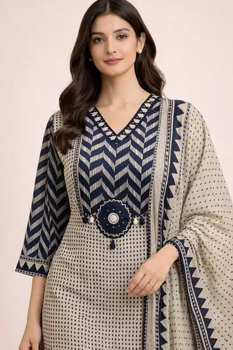 navy blue & beige chevron block printed handwork cotton straight kurta set