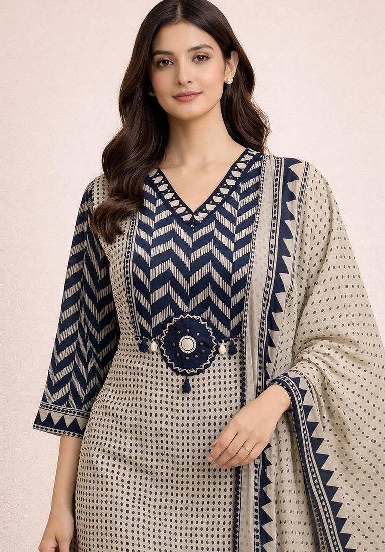 navy blue & beige chevron block printed handwork cotton straight kurta set