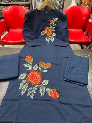 Beautiyful navy blue rose embroidered jaipur cotton straight kurti pant set with dupatta 5