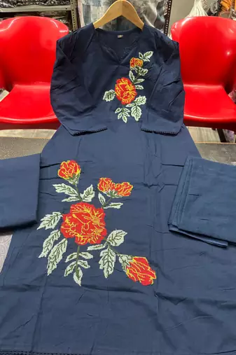 Beautiyful navy blue rose embroidered jaipur cotton straight kurti pant set with dupatta