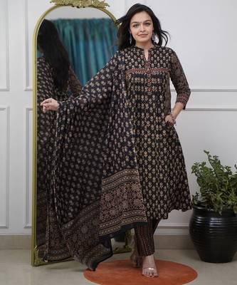 black handblock floral printed cotton flared anarkali suit set 1