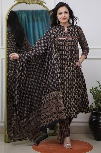 black handblock floral printed cotton flared anarkali suit set