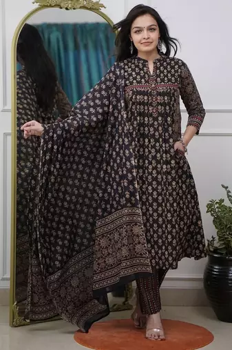 black handblock floral printed cotton flared anarkali suit set